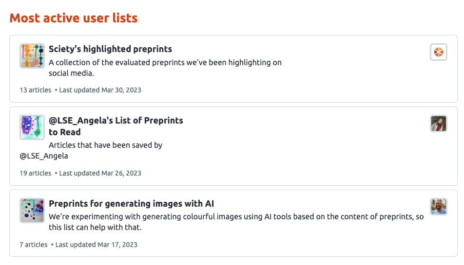 Sciety labs page showing images associsated with lists