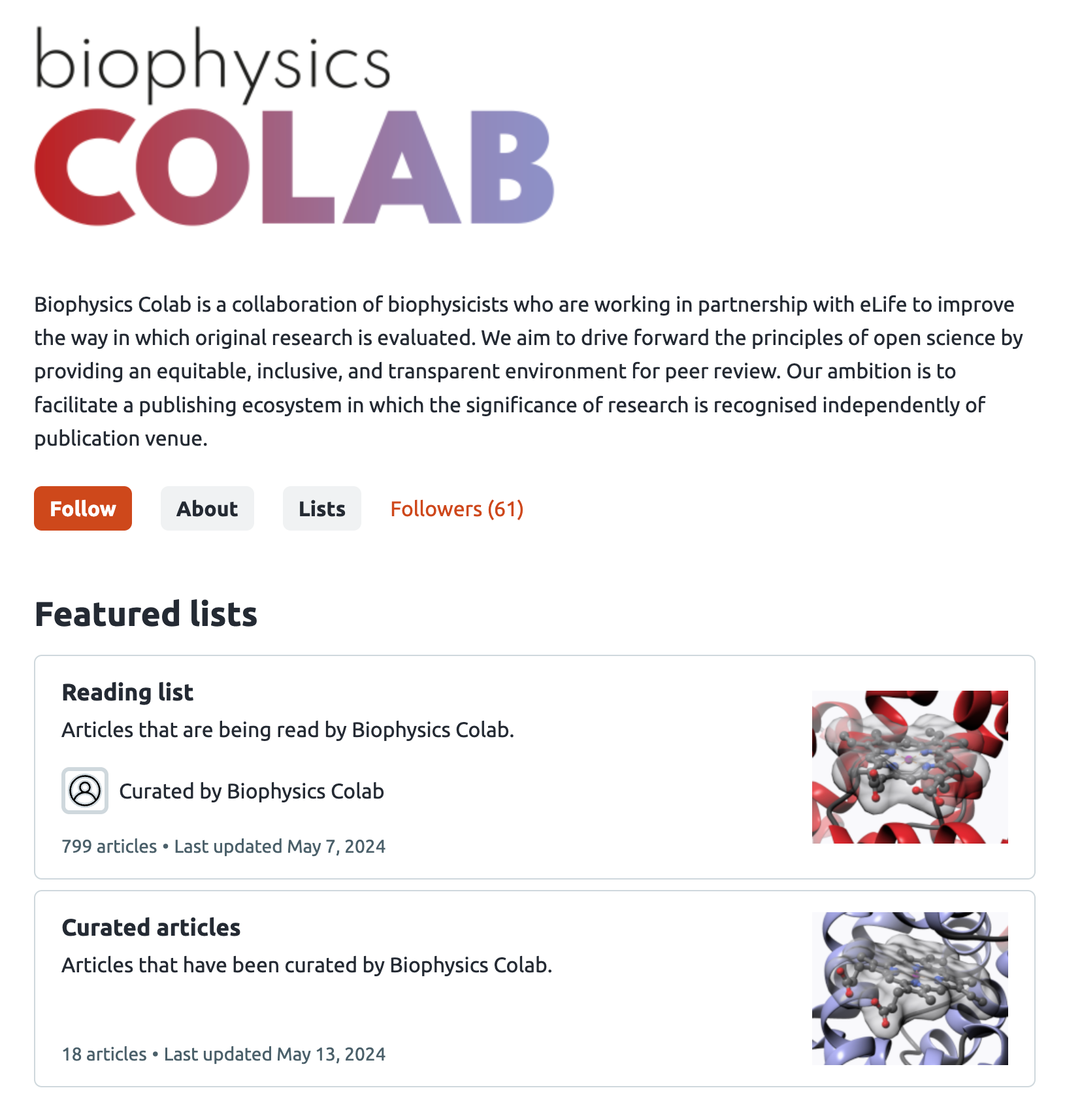An example of two featured lists for the Biophysics Colab group page