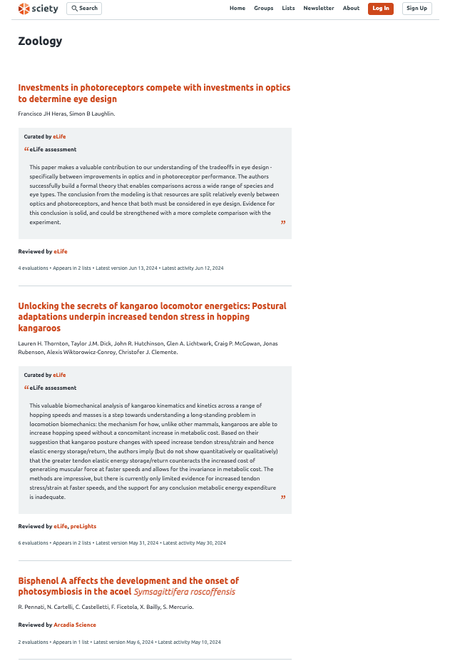 A category page on Sciety shows recently reviewed articles in Zoology